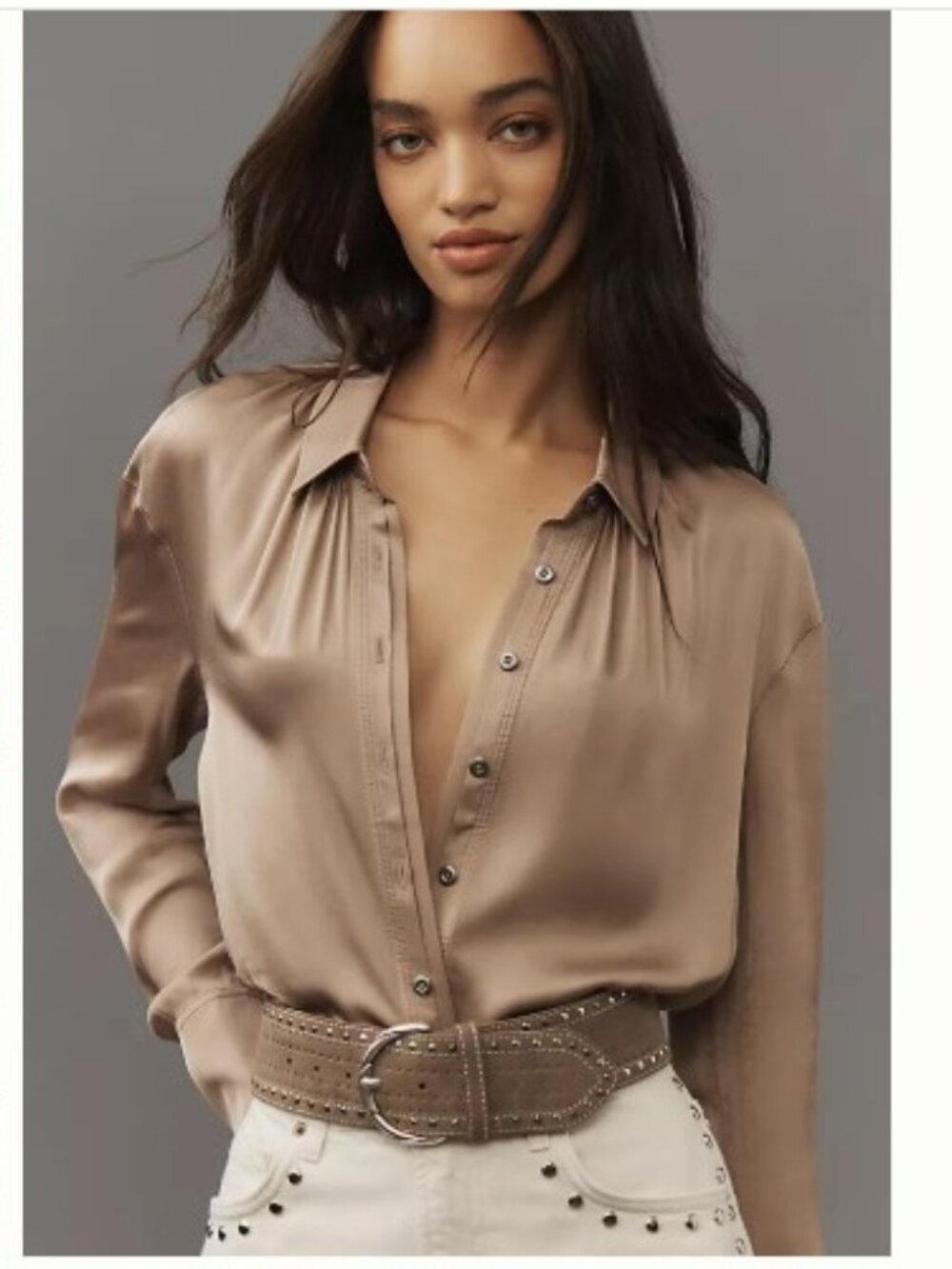 Pilcro Anthropology Crop‎ Satin Buttondown Blouse Taupe M